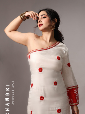 Offwhite n Red Handcrafted Floral Embroidered Muslin one shoulder dress