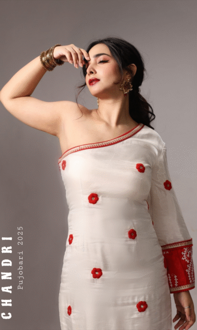 Offwhite n Red Handcrafted Floral Embroidered Muslin one shoulder dress